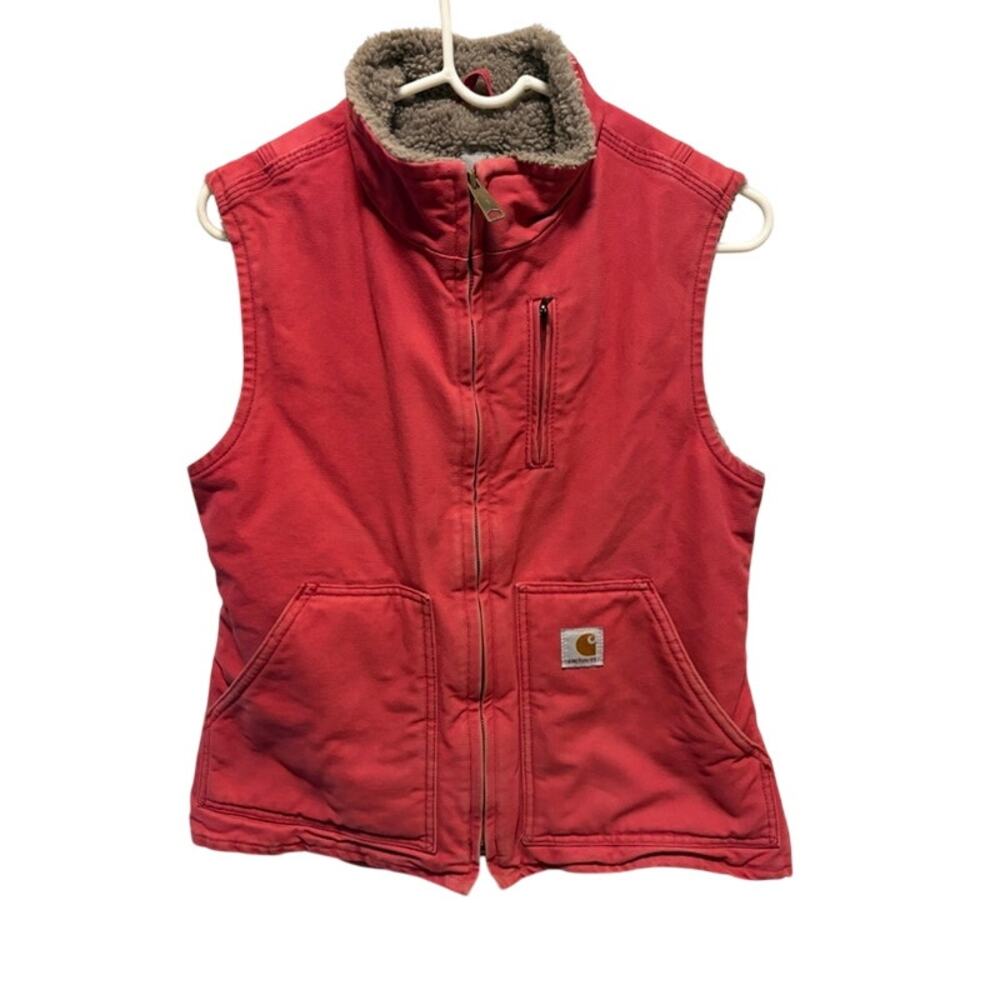Carhartt WV001 Womens Small Red Sherpa Lined Canvas Work Vest Full Zip Pockets